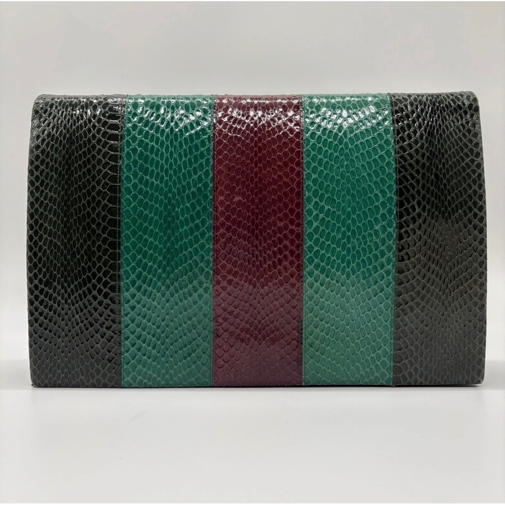 Vintage YSL Yves Saint Laurent Snakeskin Stripe Clutch Bag Green Burgundy 1970s
